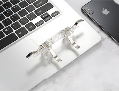 Six-finger linkage metal button gamepad in clear and silver, attached to a smartphone displaying a game. - Image 4