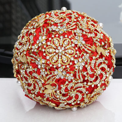 Ramo de Novia Dorado con Diamantes Completos y Strass, Estilo Europeo Hecho a Mano - Image 5