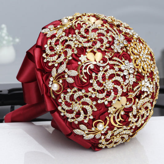 Ramo de Novia Dorado con Diamantes Completos y Strass, Estilo Europeo Hecho a Mano