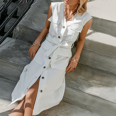 Vestido Ejecutivo Blanco Puro sin Mangas con Bolsillos - Largo Midi - Image 9