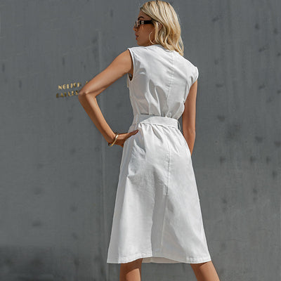 Vestido Ejecutivo Blanco Puro sin Mangas con Bolsillos - Largo Midi - Image 4