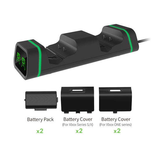 Black dual charging station for Xbox Series X/S and Xbox One controllers, with two battery packs and two sets of battery covers. - Image 6