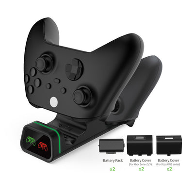 Black dual charging station for Xbox Series X/S and Xbox One controllers, with two battery packs and two sets of battery covers. - Image 8