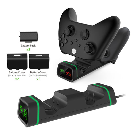 Black dual charging station for Xbox Series X/S and Xbox One controllers, with two battery packs and two sets of battery covers. - Image 10