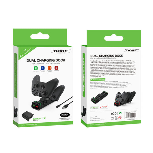 Black dual charging station for Xbox Series X/S and Xbox One controllers, with two battery packs and two sets of battery covers. - Image 5