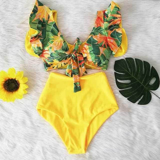 Floral print ruffle bikini top with a V-neck and peach high-waisted bikini bottoms with side cut-outs. - Image 8