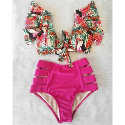 Floral print ruffle bikini top with a V-neck and peach high-waisted bikini bottoms with side cut-outs. - Image 11
