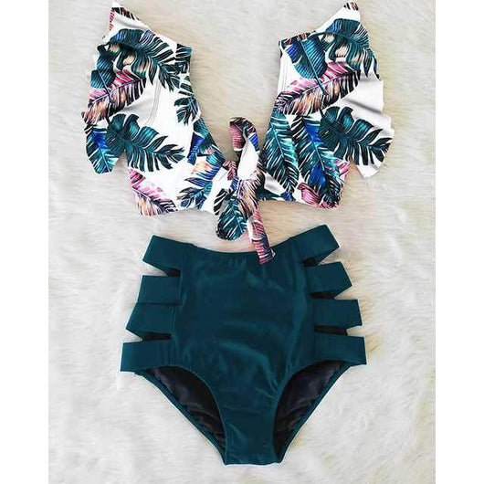 Floral print ruffle bikini top with a V-neck and peach high-waisted bikini bottoms with side cut-outs. - Image 5