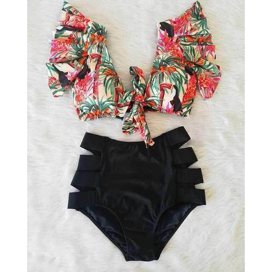Floral print ruffle bikini top with a V-neck and peach high-waisted bikini bottoms with side cut-outs. - Image 4