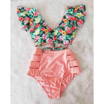 Floral print ruffle bikini top with a V-neck and peach high-waisted bikini bottoms with side cut-outs. - Image 3