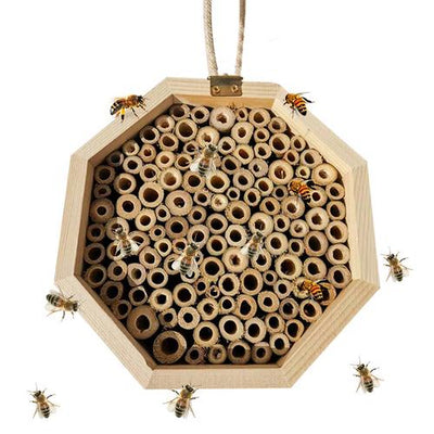 Three hexagonal wooden bee breeding boxes, filled with bamboo tubes, stacked together. The top box has a rope handle. - Image 7
