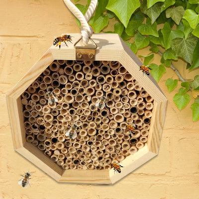 Three hexagonal wooden bee breeding boxes, filled with bamboo tubes, stacked together. The top box has a rope handle. - Image 9