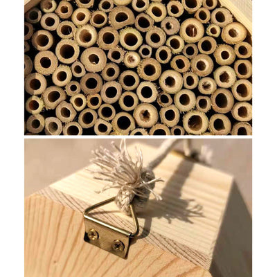 Three hexagonal wooden bee breeding boxes, filled with bamboo tubes, stacked together. The top box has a rope handle. - Image 12