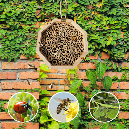 Three hexagonal wooden bee breeding boxes, filled with bamboo tubes, stacked together. The top box has a rope handle. - Image 2