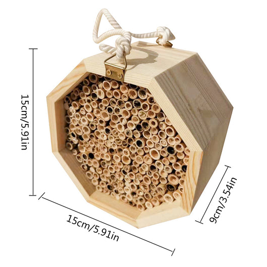Three hexagonal wooden bee breeding boxes, filled with bamboo tubes, stacked together. The top box has a rope handle. - Image 5