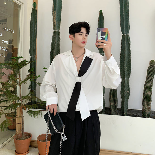 Camisa Elegante Estilo Coreano con Cuello Italiano y Manga Larga