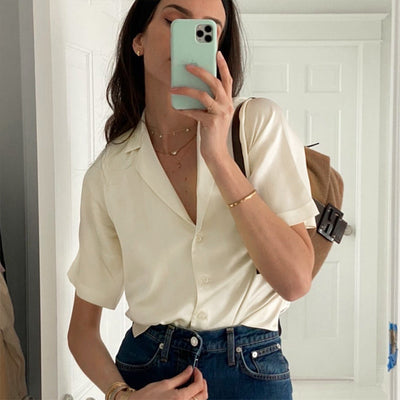 Blusa de Satén con Botones en Colores Sólidos - Estilo Europeo y Americano - Image 4