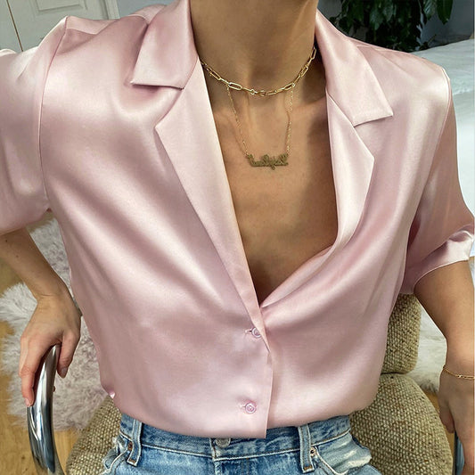 Blusa de Satén con Botones en Colores Sólidos - Estilo Europeo y Americano - Image 2
