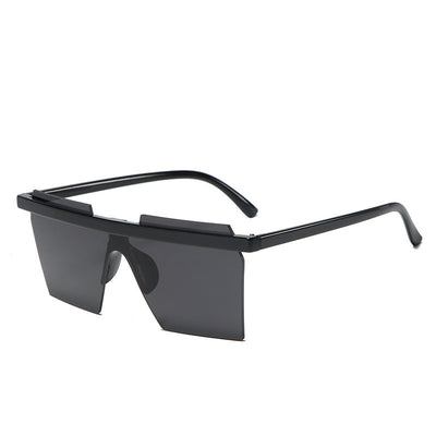 Black fashion one-piece trimmed sunglasses with mirrored rectangular lenses and a flat-top design. - Image 7