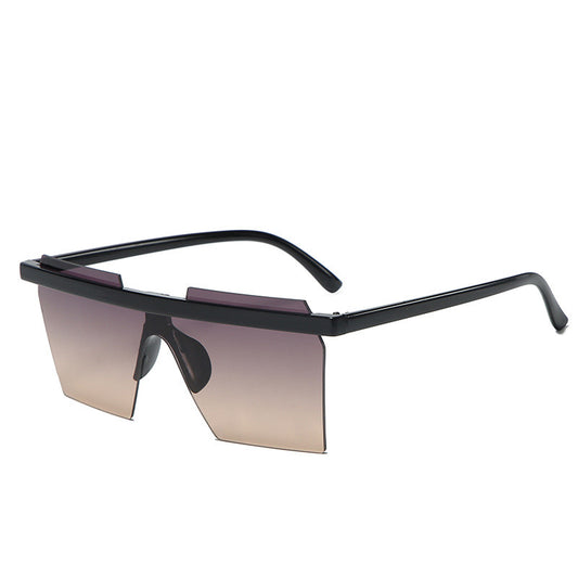 Black fashion one-piece trimmed sunglasses with mirrored rectangular lenses and a flat-top design.