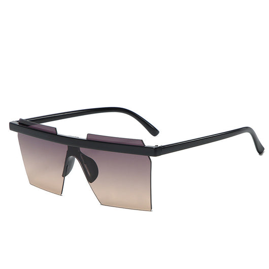 Black fashion one-piece trimmed sunglasses with mirrored rectangular lenses and a flat-top design.