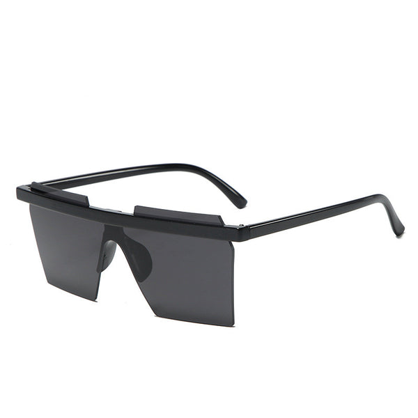 Black fashion one-piece trimmed sunglasses with mirrored rectangular lenses and a flat-top design. - Image 3