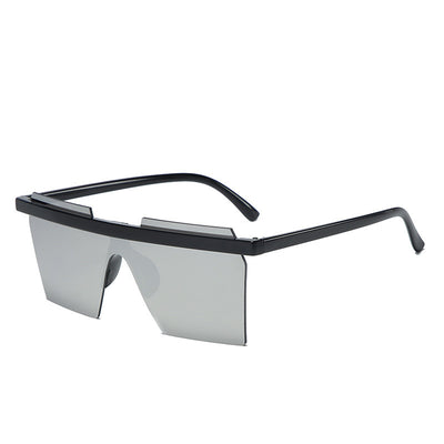 Black fashion one-piece trimmed sunglasses with mirrored rectangular lenses and a flat-top design. - Image 2