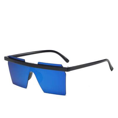Black fashion one-piece trimmed sunglasses with mirrored rectangular lenses and a flat-top design. - Image 6