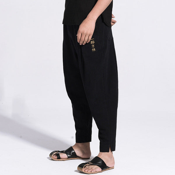 Pantalones de Lino con Bordado - Pantalón Casual Holgado para Hombre
