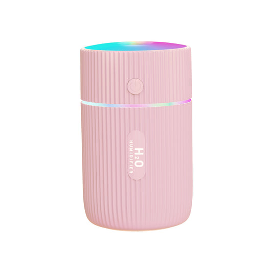 White cylindrical humidifier with ribbed texture, colorful LED lights, and a power button, ideal for home, office, or car. - Image 5