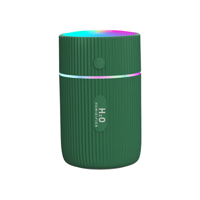 White cylindrical humidifier with ribbed texture, colorful LED lights, and a power button, ideal for home, office, or car. - Image 4