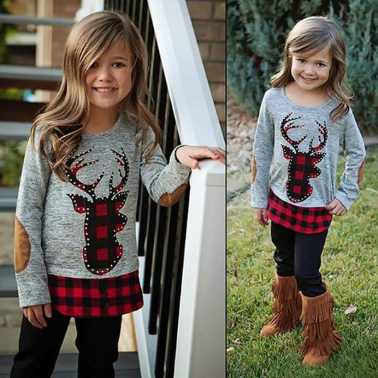 Conjunto Infantil Dos Piezas: Blusa Roja con Patrón de Alce y Pantalón Cuadros