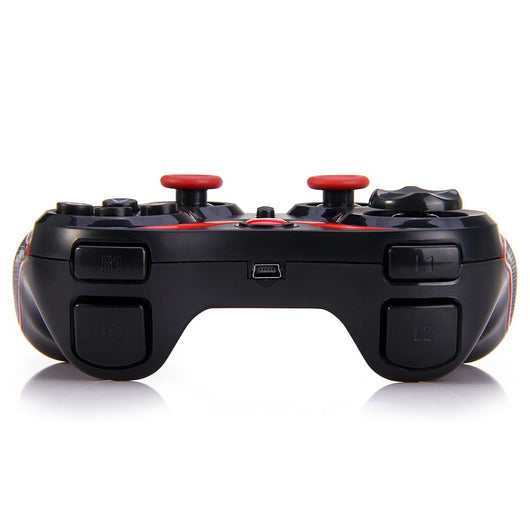 Back view of a black GEN GAME S3 wireless controller with ergonomic grips and red accents, on a white background. - Image 7