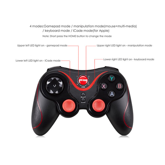 Back view of a black GEN GAME S3 wireless controller with ergonomic grips and red accents, on a white background. - Image 2