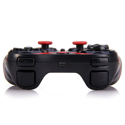 Back view of a black GEN GAME S3 wireless controller with ergonomic grips and red accents, on a white background. - Image 3