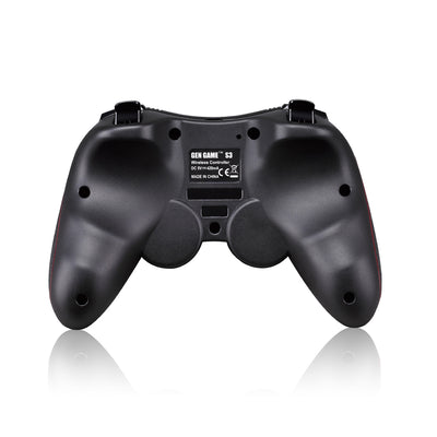 Back view of a black GEN GAME S3 wireless controller with ergonomic grips and red accents, on a white background. - Image 4