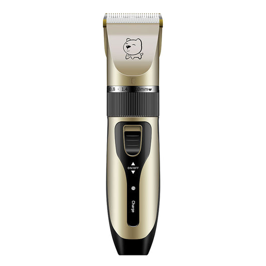Gold and black rechargeable pet hair clipper kit with four guide combs, cleaning brush, oil, and USB cable. - Image 8