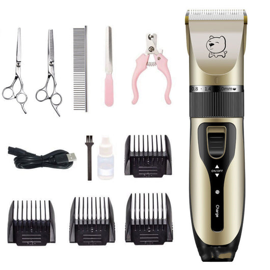 Gold and black rechargeable pet hair clipper kit with four guide combs, cleaning brush, oil, and USB cable. - Image 9