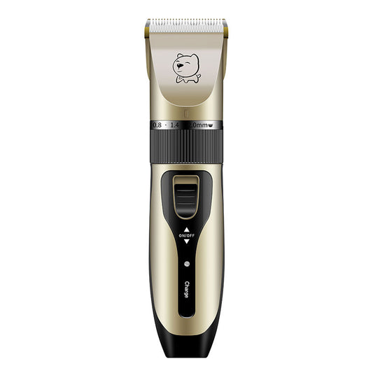 Gold and black rechargeable pet hair clipper kit with four guide combs, cleaning brush, oil, and USB cable.