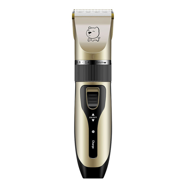 Gold and black rechargeable pet hair clipper kit with four guide combs, cleaning brush, oil, and USB cable.