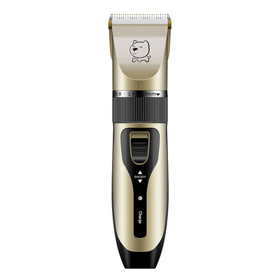 Gold and black rechargeable pet hair clipper kit with four guide combs, cleaning brush, oil, and USB cable.