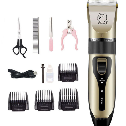 Gold and black rechargeable pet hair clipper kit with four guide combs, cleaning brush, oil, and USB cable. - Image 7