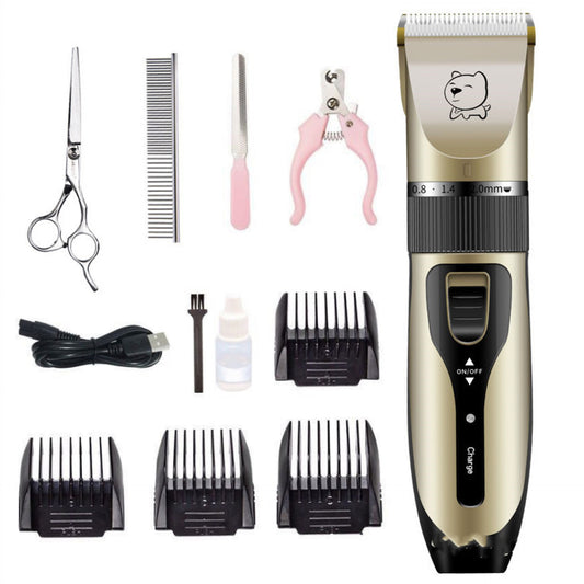 Gold and black rechargeable pet hair clipper kit with four guide combs, cleaning brush, oil, and USB cable. - Image 2