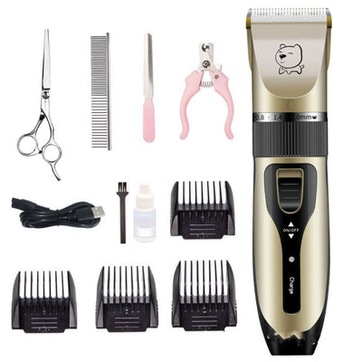 Gold and black rechargeable pet hair clipper kit with four guide combs, cleaning brush, oil, and USB cable. - Image 2
