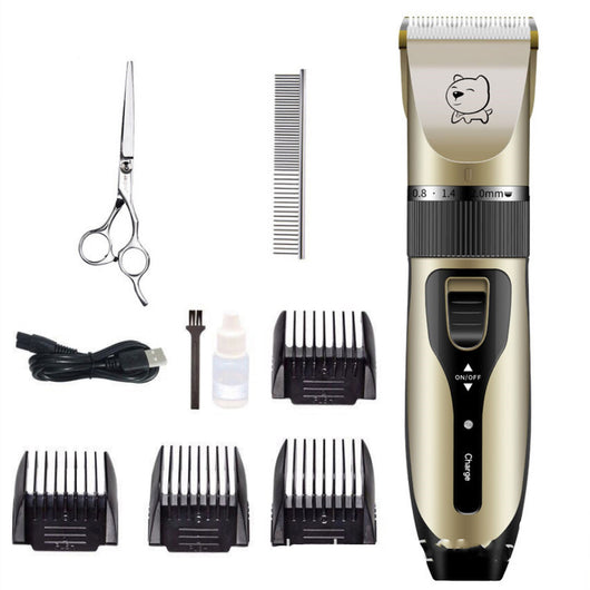 Gold and black rechargeable pet hair clipper kit with four guide combs, cleaning brush, oil, and USB cable. - Image 4