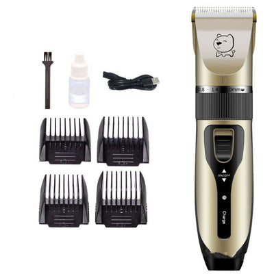 Gold and black rechargeable pet hair clipper kit with four guide combs, cleaning brush, oil, and USB cable. - Image 5