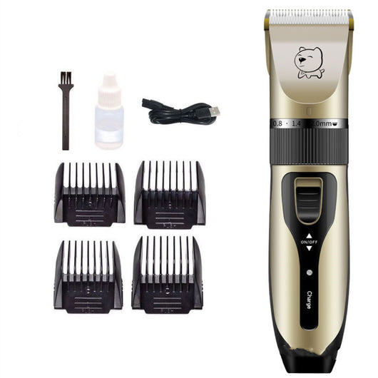 Gold and black rechargeable pet hair clipper kit with four guide combs, cleaning brush, oil, and USB cable. - Image 5