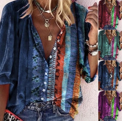 Camisa Estampada de Manga Larga con Cuello en V para Mujer