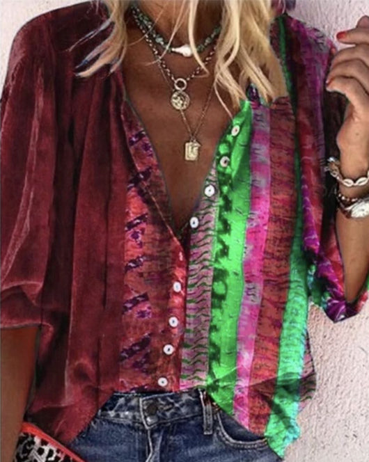 Camisa Estampada de Manga Larga con Cuello en V para Mujer - Image 3