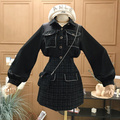 Conjunto de 3 Piezas Tweed Falda Cintura Alta con Bolso y Chaqueta - Image 6